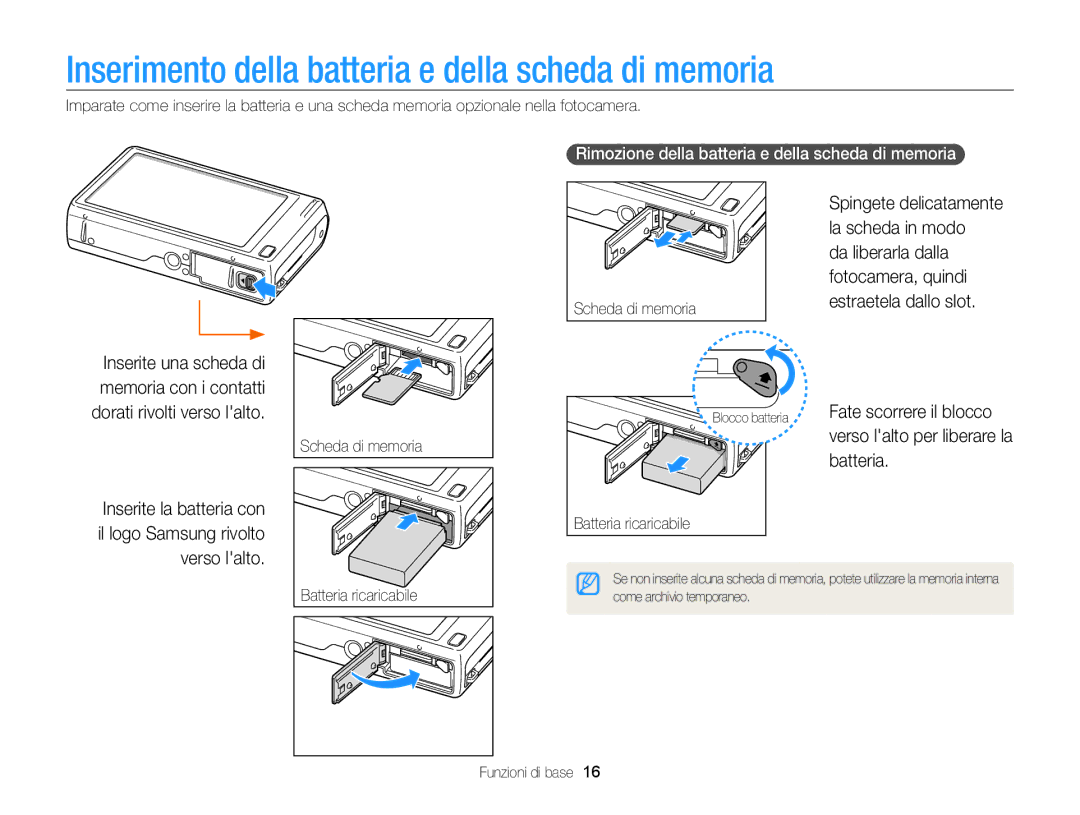 Samsung EC-WB210ZBPBE1 manual Inserimento della batteria e della scheda di memoria, Batteria, Verso lalto per liberare la 