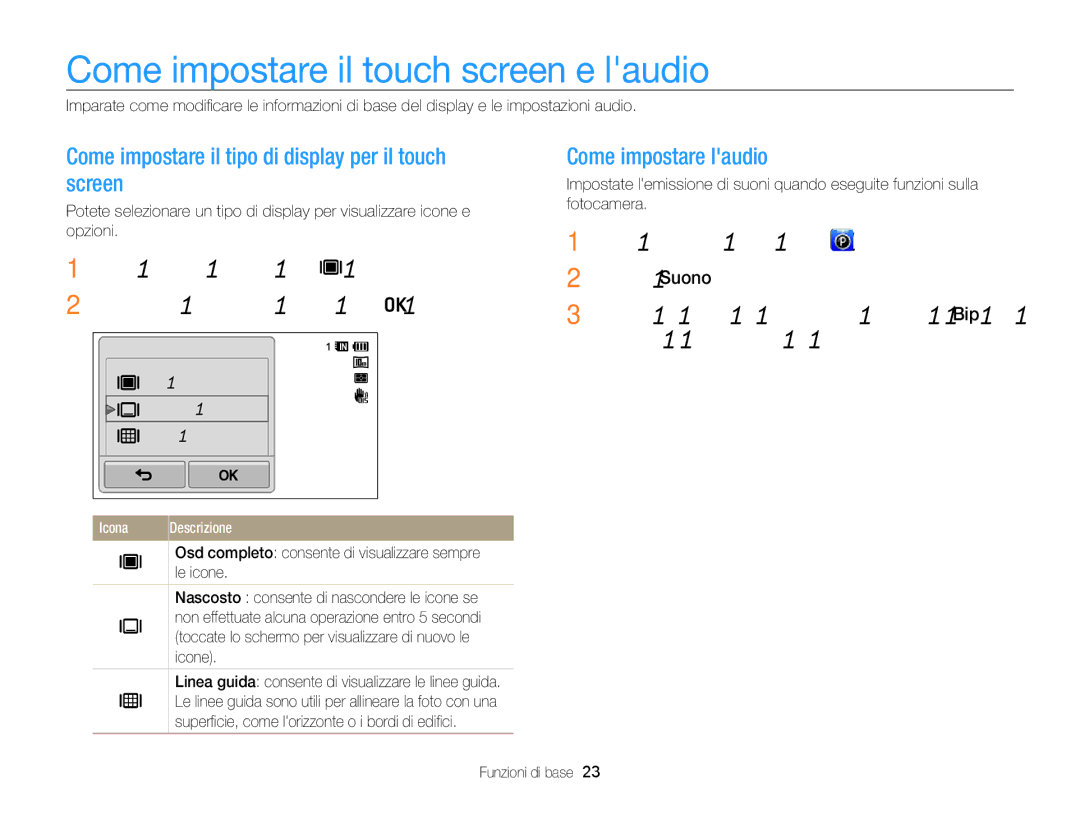 Samsung EC-WB210ZBPRE1, EC-WB210ZBPBE1 manual Come impostare il touch screen e laudio, Come impostare laudio 