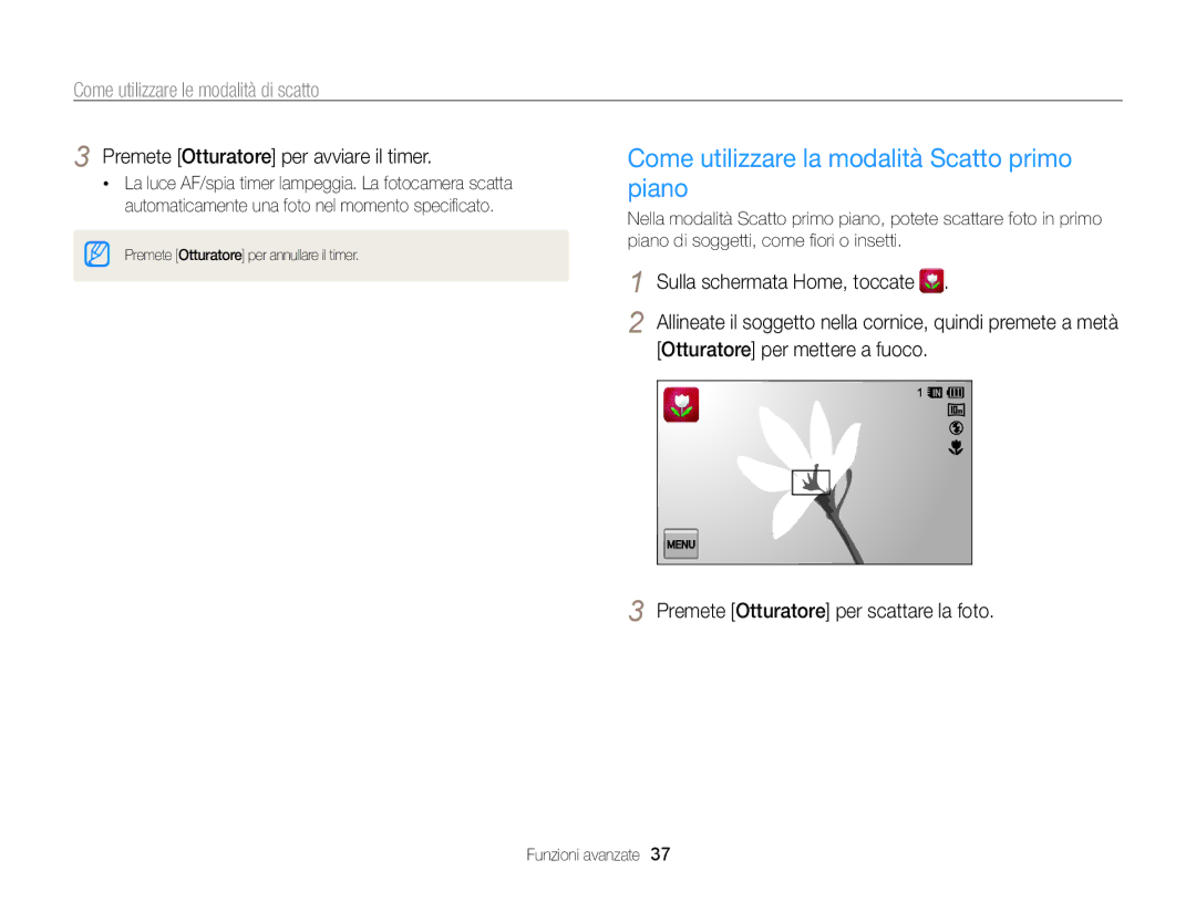 Samsung EC-WB210ZBPRE1 manual Come utilizzare la modalità Scatto primo piano, Premete Otturatore per avviare il timer 