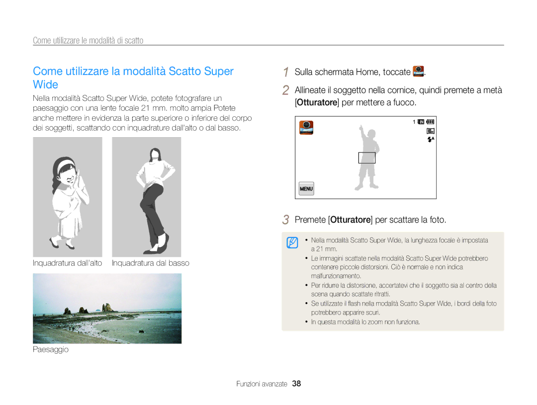 Samsung EC-WB210ZBPBE1 manual Come utilizzare la modalità Scatto Super Wide, Inquadratura dallalto Inquadratura dal basso 