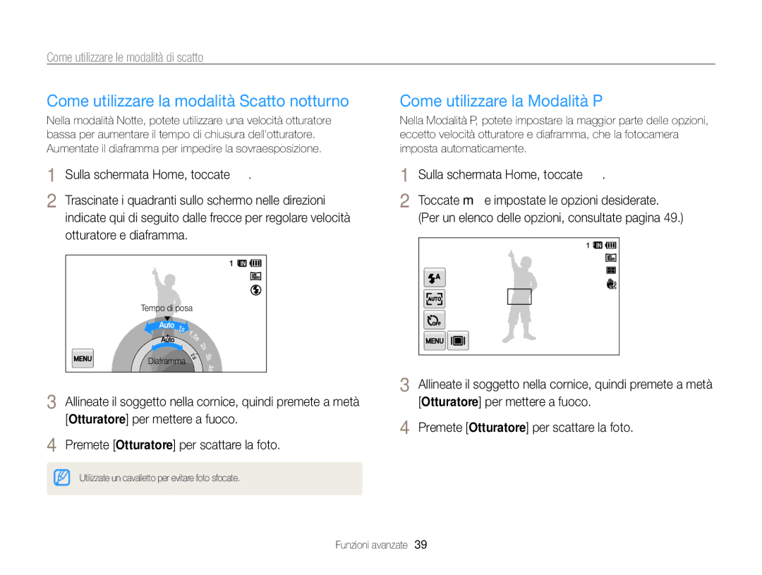 Samsung EC-WB210ZBPRE1 Come utilizzare la modalità Scatto notturno, Come utilizzare la Modalità P, Otturatore e diaframma 