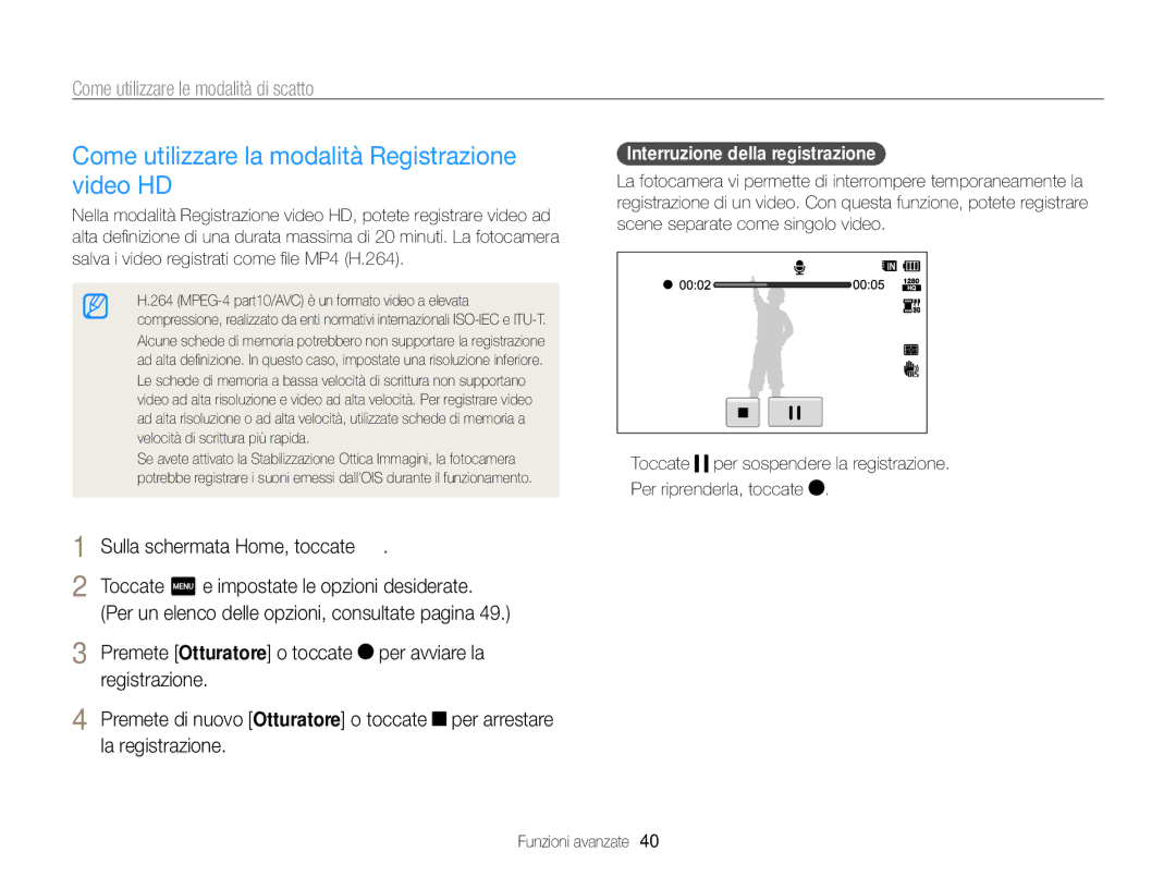 Samsung EC-WB210ZBPBE1 Come utilizzare la modalità Registrazione video HD, Premete Otturatore o toccate per avviare la 