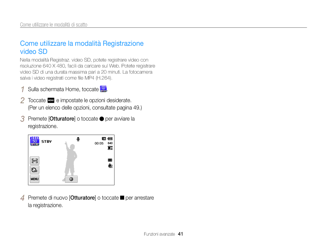 Samsung EC-WB210ZBPRE1, EC-WB210ZBPBE1 manual Come utilizzare la modalità Registrazione video SD 