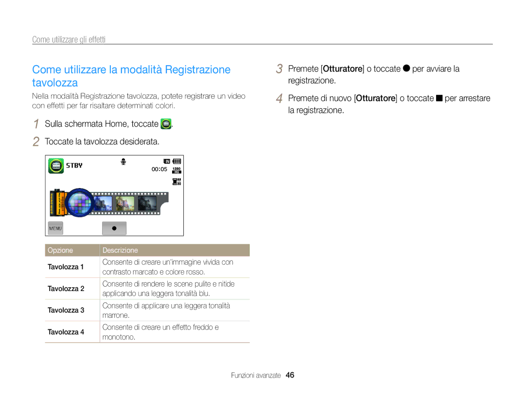 Samsung EC-WB210ZBPBE1 Come utilizzare la modalità Registrazione tavolozza, Tavolozza, Contrasto marcato e colore rosso 