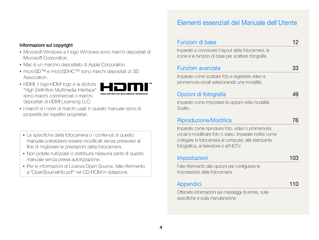 Samsung EC-WB210ZBPBE1, EC-WB210ZBPRE1 manual Elementi essenziali del Manuale dellUtente, 103, 110 