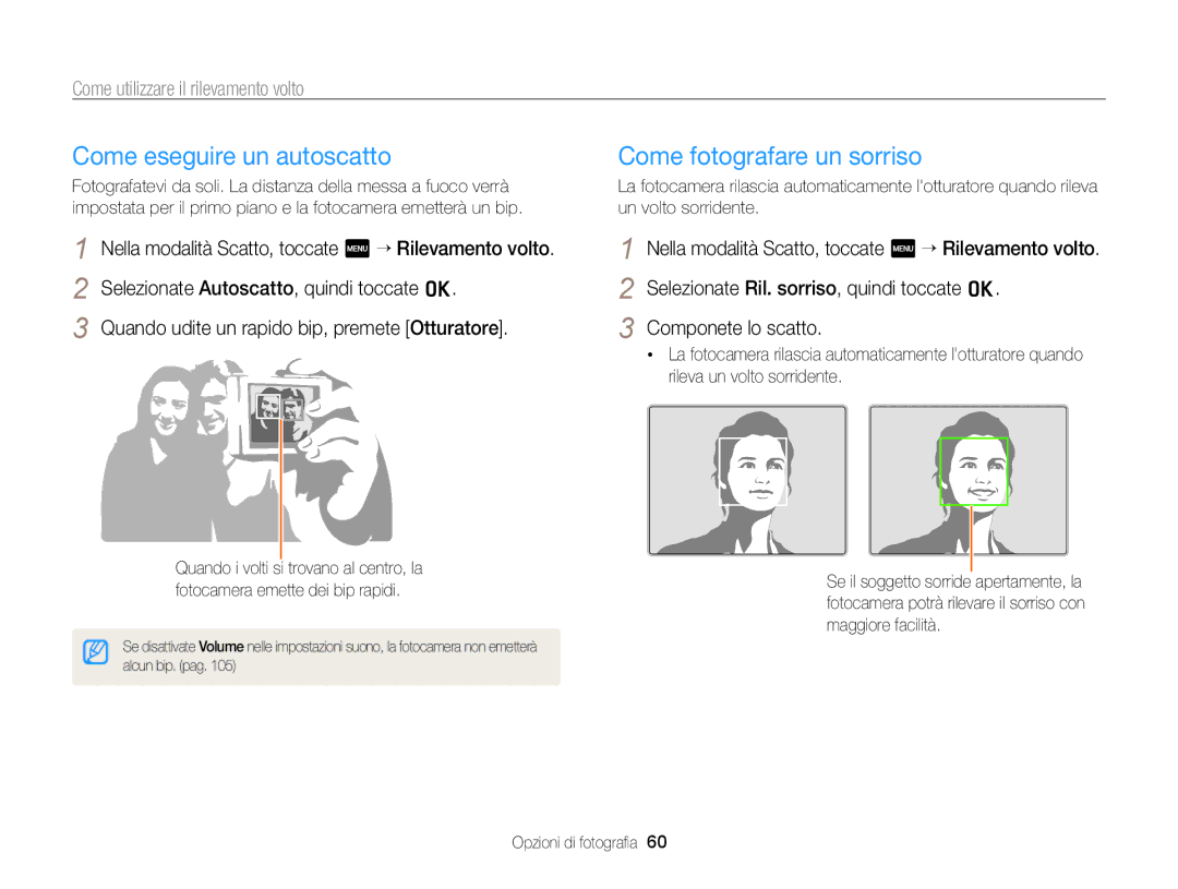 Samsung EC-WB210ZBPBE1 Come eseguire un autoscatto, Come fotografare un sorriso, Come utilizzare il rilevamento volto 