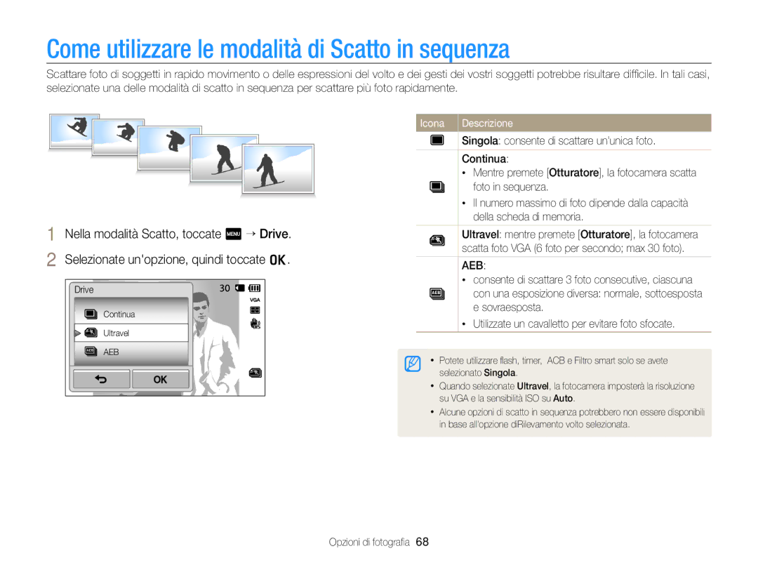 Samsung EC-WB210ZBPBE1, EC-WB210ZBPRE1 manual Come utilizzare le modalità di Scatto in sequenza 