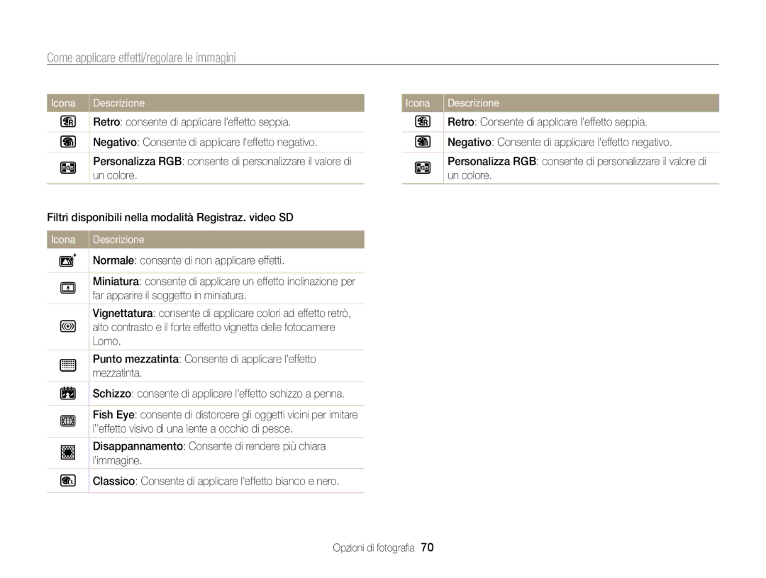 Samsung EC-WB210ZBPBE1, EC-WB210ZBPRE1 manual Come applicare effetti/regolare le immagini 