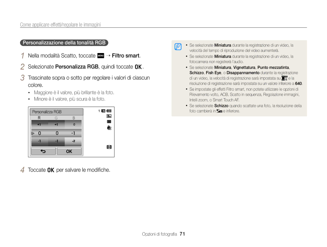 Samsung EC-WB210ZBPRE1, EC-WB210ZBPBE1 manual Toccate o per salvare le modiﬁche, Personalizzazione della tonalità RGB 