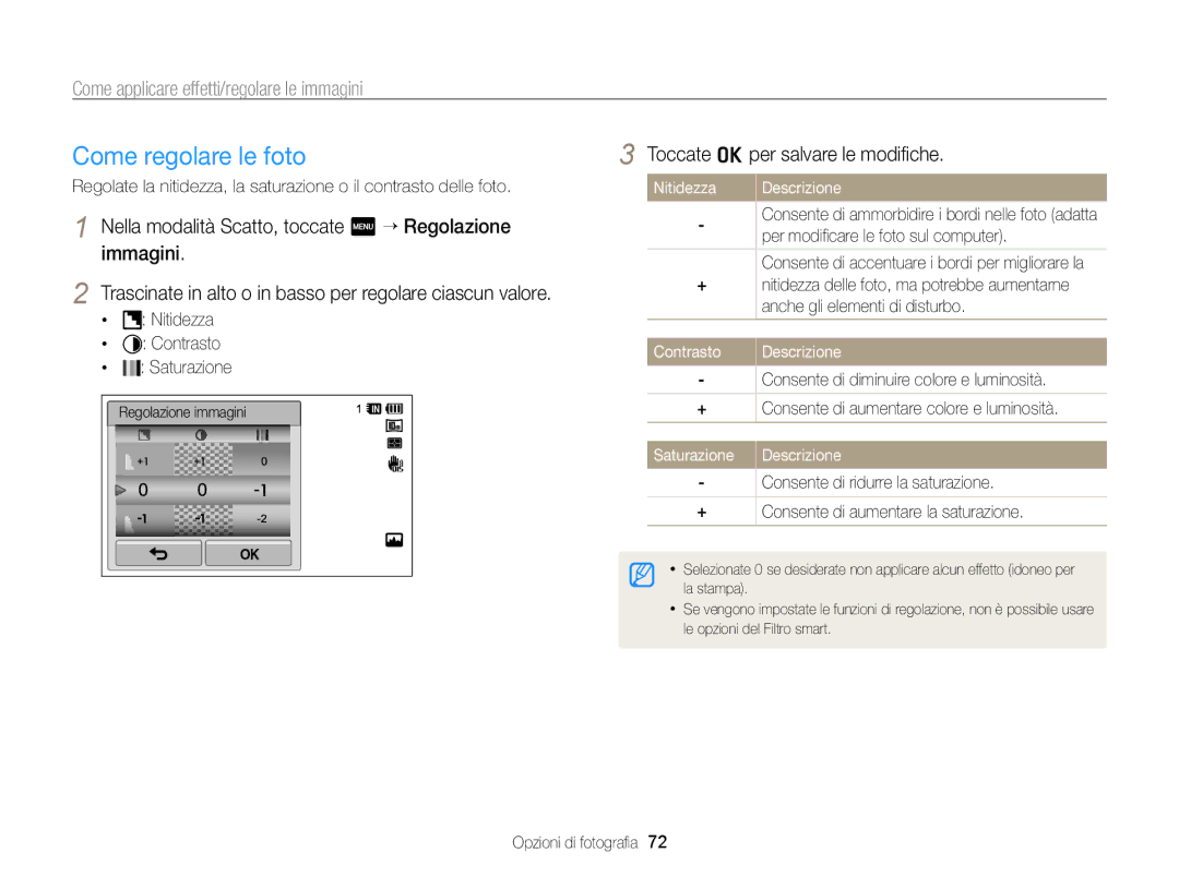 Samsung EC-WB210ZBPBE1 manual Come regolare le foto, Nella modalità Scatto, toccate m “ Regolazione immagini, Contrasto 