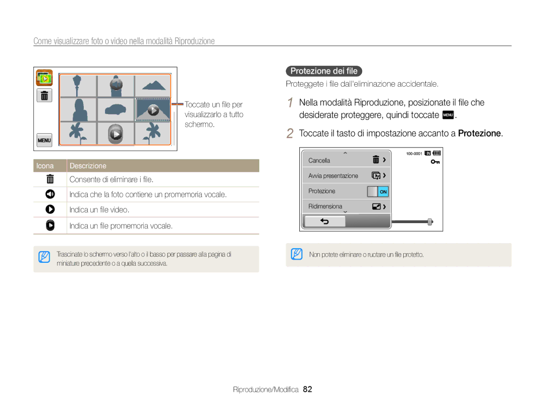 Samsung EC-WB210ZBPBE1, EC-WB210ZBPRE1 manual Protezione dei ﬁle 