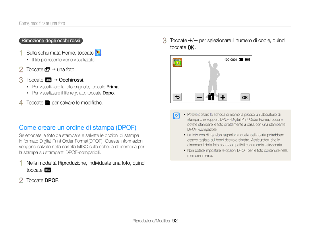 Samsung EC-WB210ZBPBE1 manual Come creare un ordine di stampa Dpof, Toccate “ una foto, Rimozione degli occhi rossi 