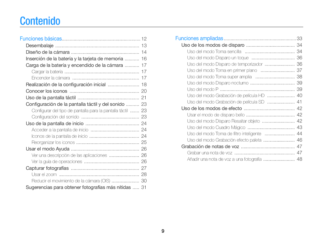 Samsung EC-WB210ZBPRE1, EC-WB210ZBPBE1 manual Contenido, Carga de la batería y encendido de la cámara 