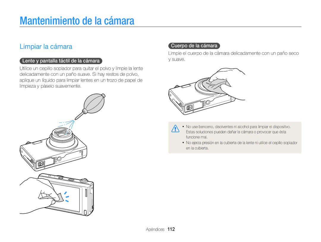 Samsung EC-WB210ZBPBE1, EC-WB210ZBPRE1 Mantenimiento de la cámara, Limpiar la cámara, Lente y pantalla táctil de la cámara 