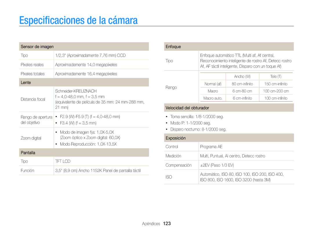 Samsung EC-WB210ZBPRE1, EC-WB210ZBPBE1 manual Especiﬁcaciones de la cámara 