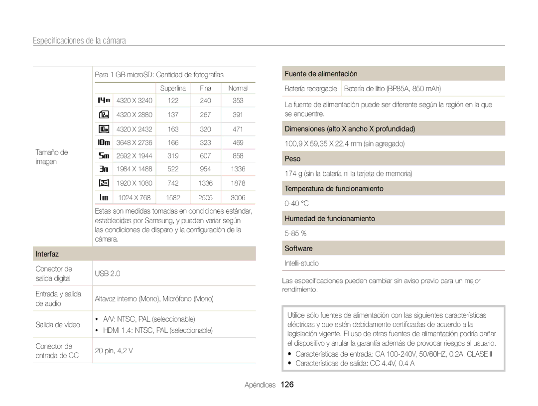 Samsung EC-WB210ZBPBE1 Tamaño de, Imagen, Cámara Interfaz Conector de USB Salida digital, De audio Salida de vídeo, 126 