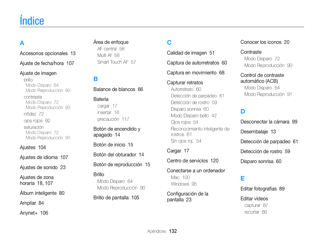 Samsung EC-WB210ZBPBE1, EC-WB210ZBPRE1 manual Índice 