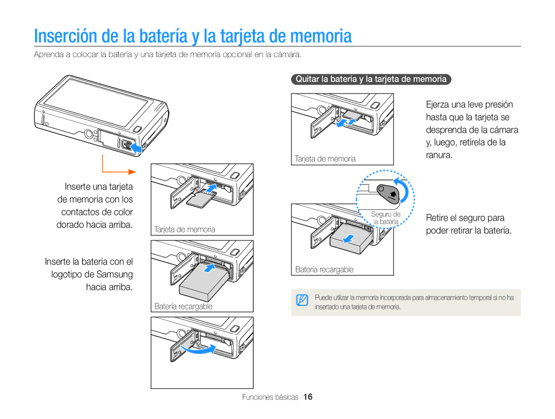 Samsung EC-WB210ZBPBE1 manual Inserción de la batería y la tarjeta de memoria, Quitar la batería y la tarjeta de memoria 