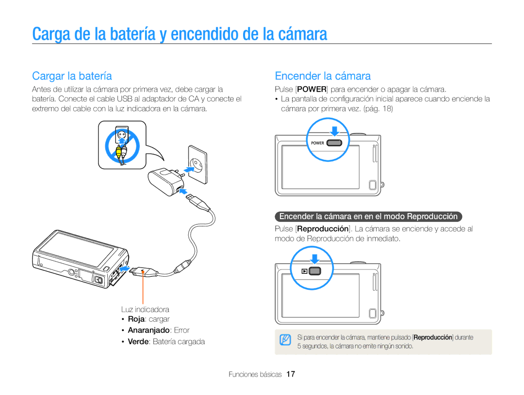 Samsung EC-WB210ZBPRE1, EC-WB210ZBPBE1 Carga de la batería y encendido de la cámara, Cargar la batería, Encender la cámara 