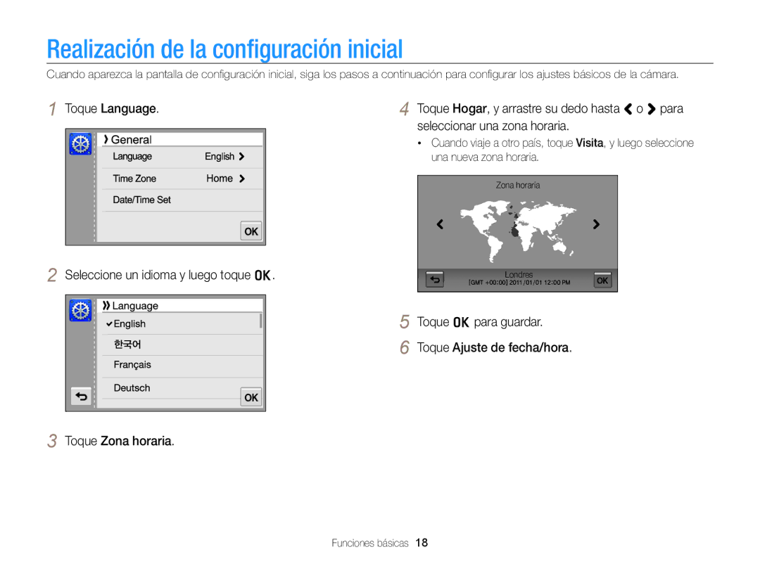 Samsung EC-WB210ZBPBE1 manual Realización de la conﬁguración inicial, Toque Language, Seleccionar una zona horaria 