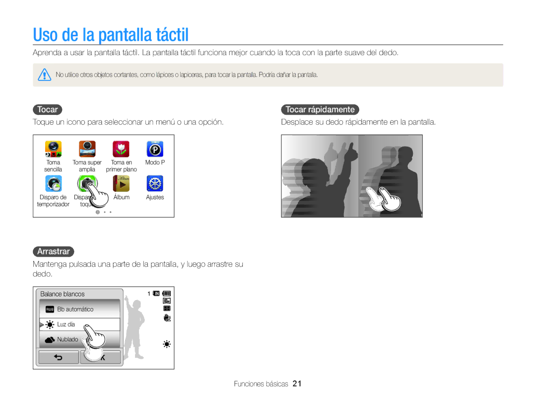 Samsung EC-WB210ZBPRE1, EC-WB210ZBPBE1 manual Uso de la pantalla táctil, Tocar Tocar rápidamente, Arrastrar 