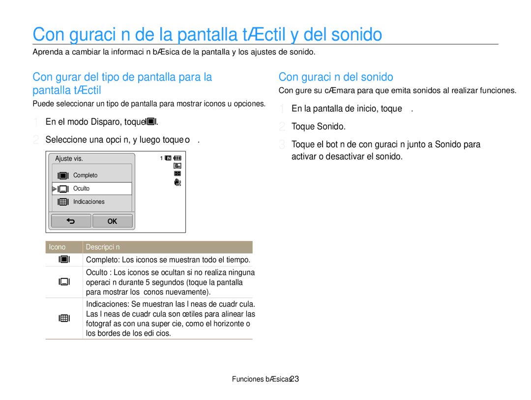 Samsung EC-WB210ZBPRE1, EC-WB210ZBPBE1 manual Conﬁguración de la pantalla táctil y del sonido, Conﬁguración del sonido 