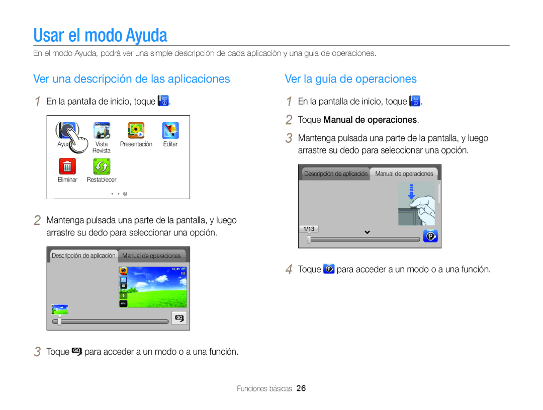 Samsung EC-WB210ZBPBE1 Usar el modo Ayuda, Ver una descripción de las aplicaciones, Ver la guía de operaciones, Toque 