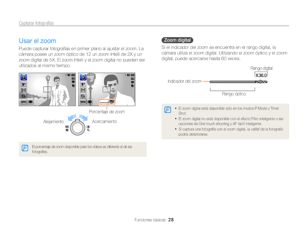 Samsung EC-WB210ZBPBE1, EC-WB210ZBPRE1 manual Usar el zoom, Capturar fotografías, Zoom digital 