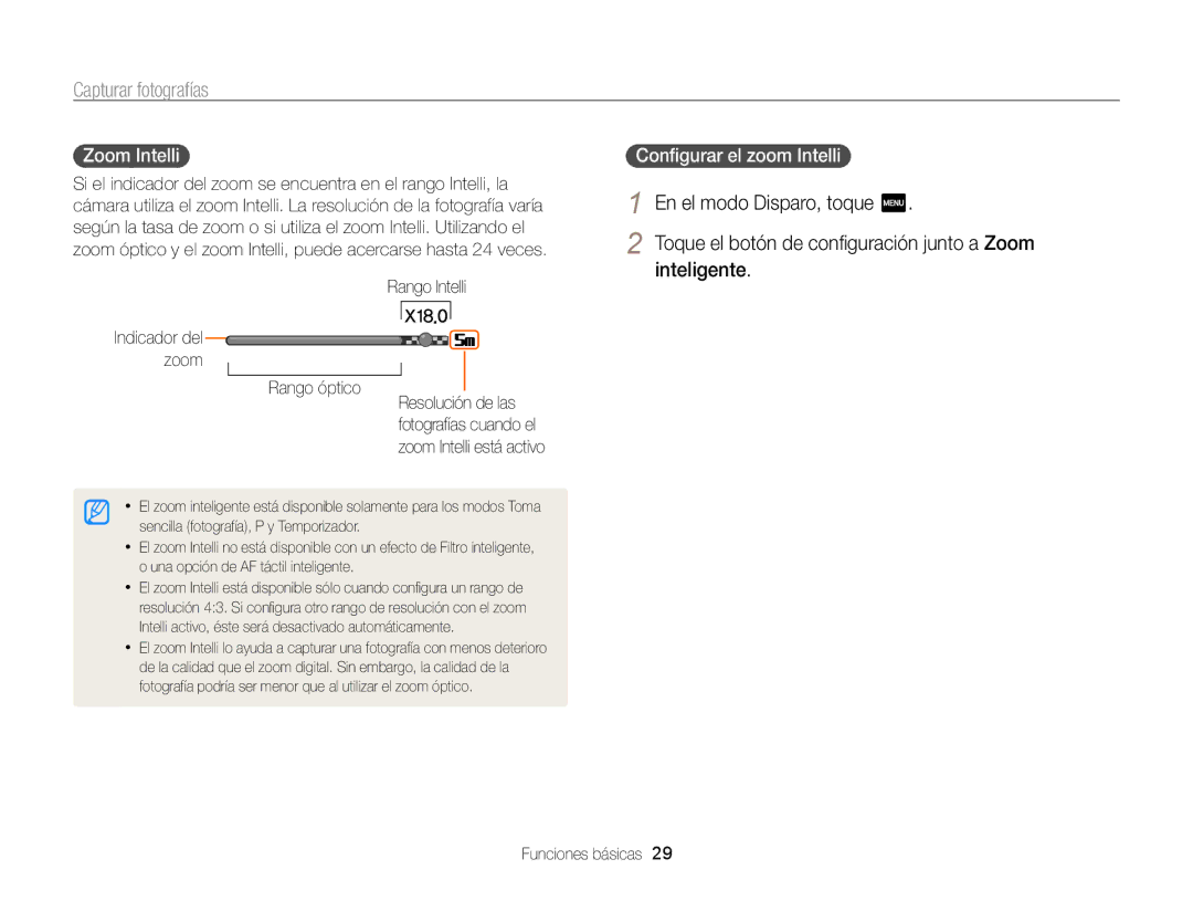 Samsung EC-WB210ZBPRE1, EC-WB210ZBPBE1 manual Zoom Intelli, Conﬁgurar el zoom Intelli, Rango Intelli 