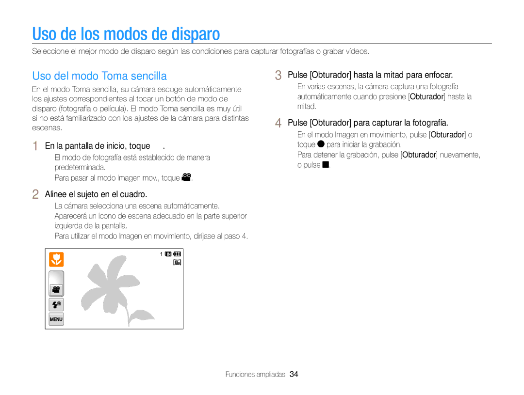 Samsung EC-WB210ZBPBE1 manual Uso de los modos de disparo, Uso del modo Toma sencilla, Alinee el sujeto en el cuadro 