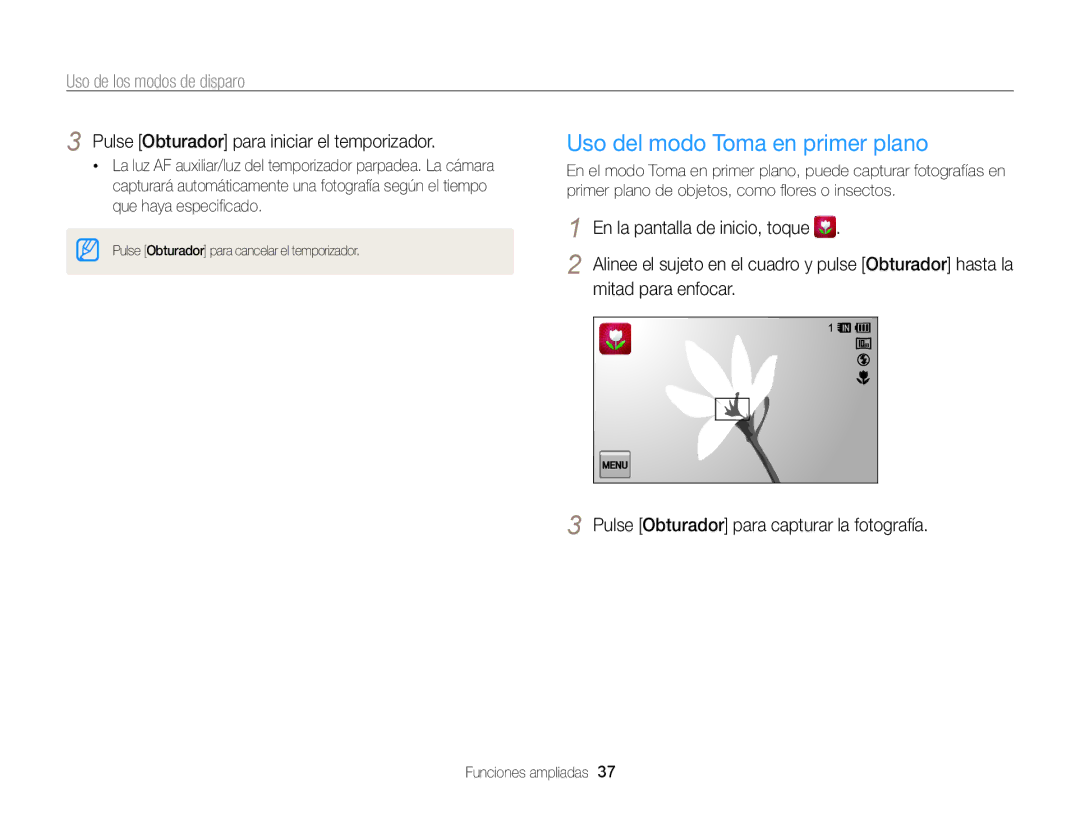 Samsung EC-WB210ZBPRE1 Uso del modo Toma en primer plano, Pulse Obturador para iniciar el temporizador, Mitad para enfocar 