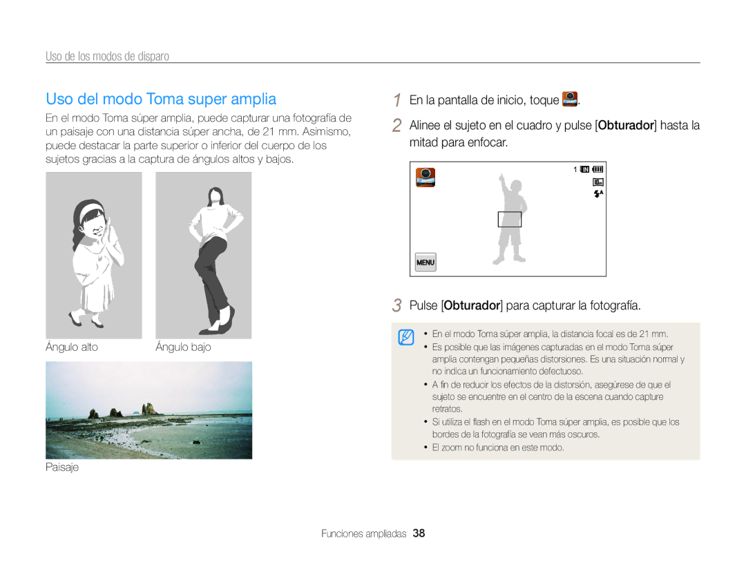 Samsung EC-WB210ZBPBE1, EC-WB210ZBPRE1 manual Uso del modo Toma super amplia, Ángulo alto, Paisaje Funciones ampliadas 
