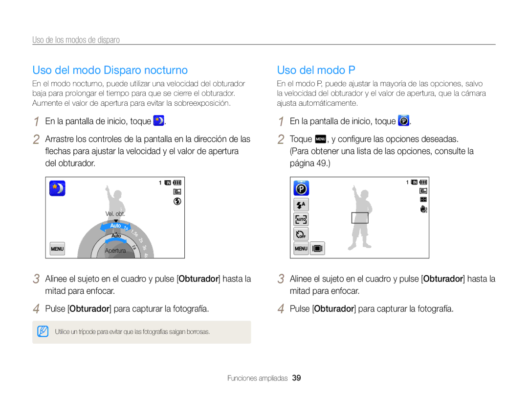 Samsung EC-WB210ZBPRE1, EC-WB210ZBPBE1 manual Uso del modo Disparo nocturno, Uso del modo P, Del obturador 