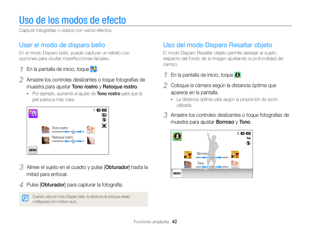 Samsung EC-WB210ZBPBE1 Uso de los modos de efecto, Usar el modo de disparo bello, Uso del modo Disparo Resaltar objeto 