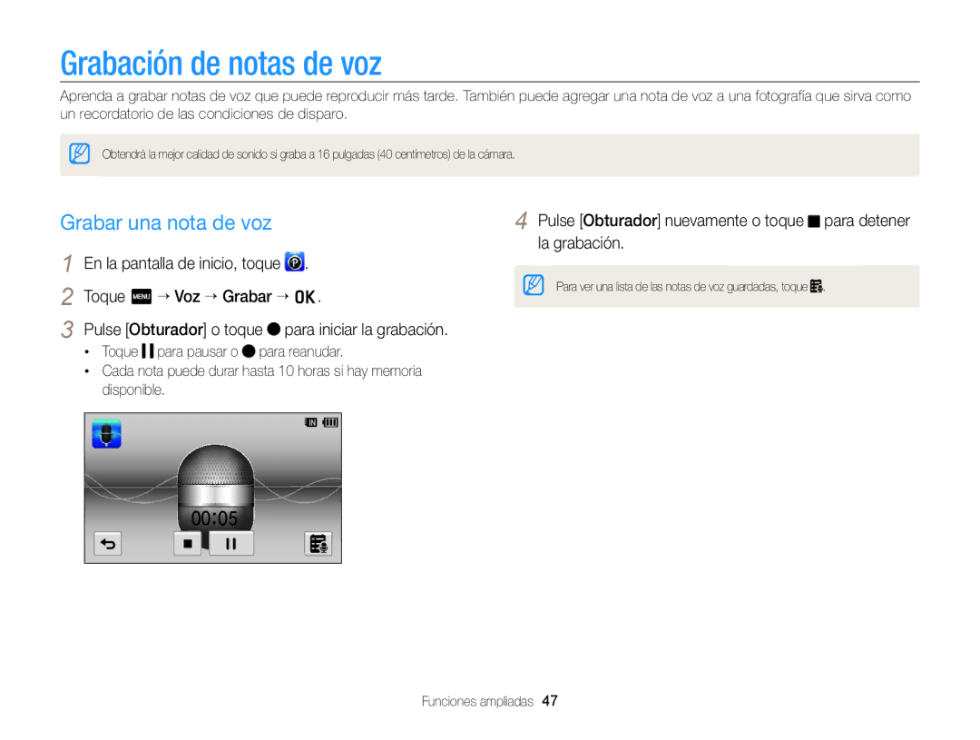 Samsung EC-WB210ZBPRE1, EC-WB210ZBPBE1 manual Grabación de notas de voz, Grabar una nota de voz, Toque m ““Voz ““Grabar ““o 