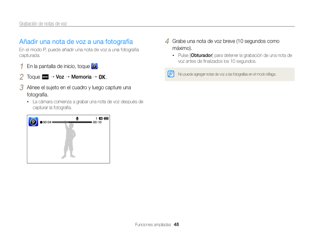 Samsung EC-WB210ZBPBE1 Añadir una nota de voz a una fotografía, Grabación de notas de voz, Toque m “ Voz ““Memoria ““o 