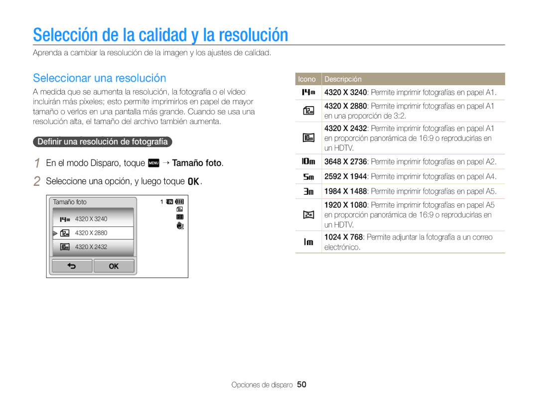 Samsung EC-WB210ZBPBE1, EC-WB210ZBPRE1 manual Selección de la calidad y la resolución, Seleccionar una resolución 