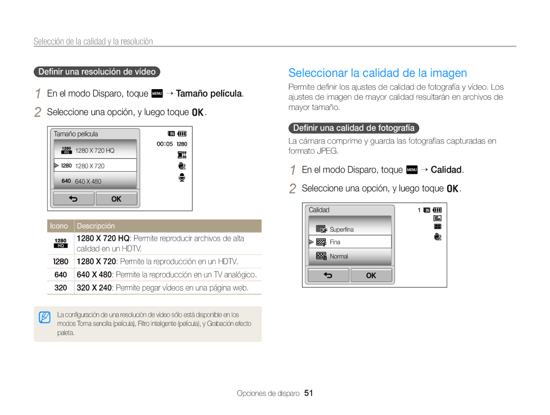 Samsung EC-WB210ZBPRE1, EC-WB210ZBPBE1 manual Selección de la calidad y la resolución, Deﬁnir una calidad de fotografía 