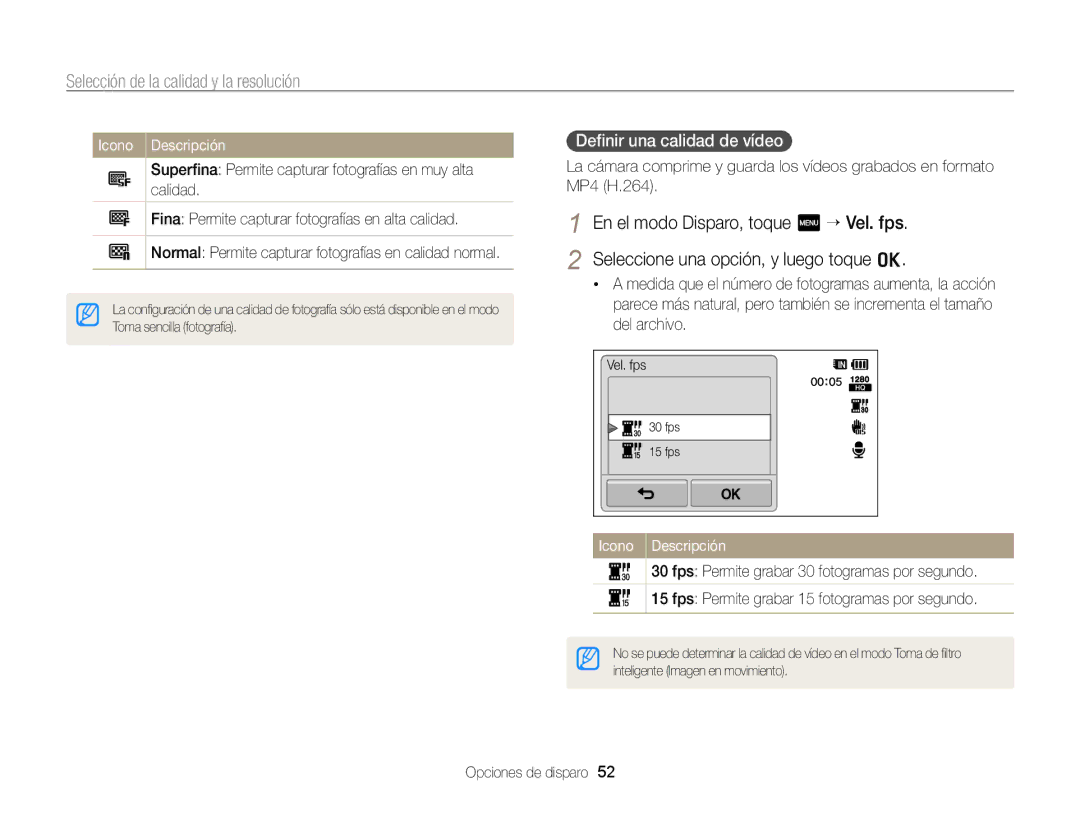 Samsung EC-WB210ZBPBE1, EC-WB210ZBPRE1 manual Deﬁnir una calidad de vídeo 