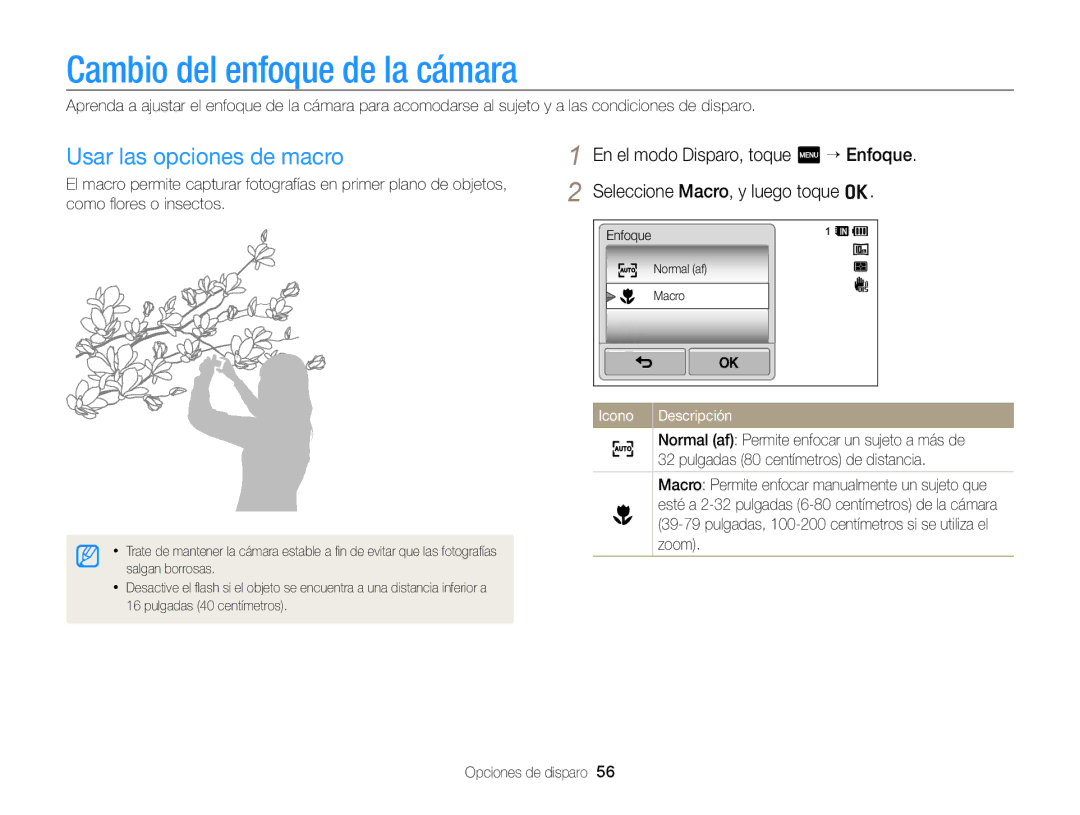 Samsung EC-WB210ZBPBE1, EC-WB210ZBPRE1 manual Cambio del enfoque de la cámara, Usar las opciones de macro 