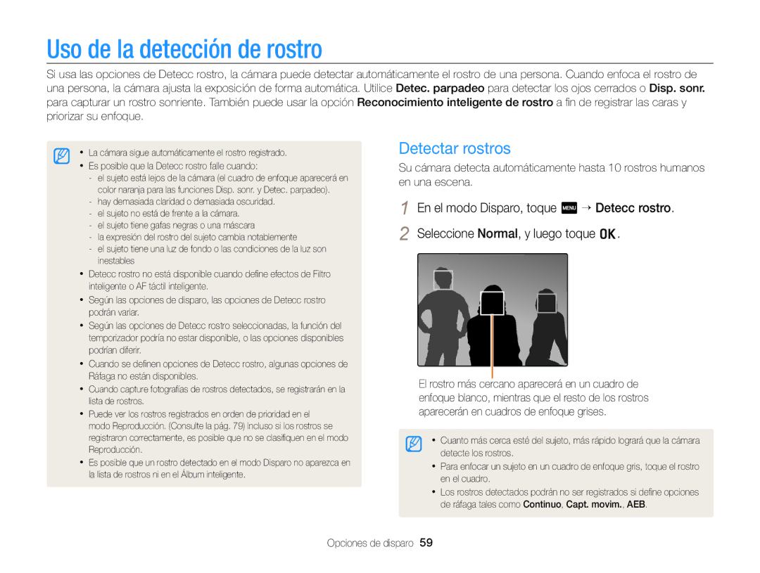 Samsung EC-WB210ZBPRE1, EC-WB210ZBPBE1 manual Uso de la detección de rostro, Detectar rostros 