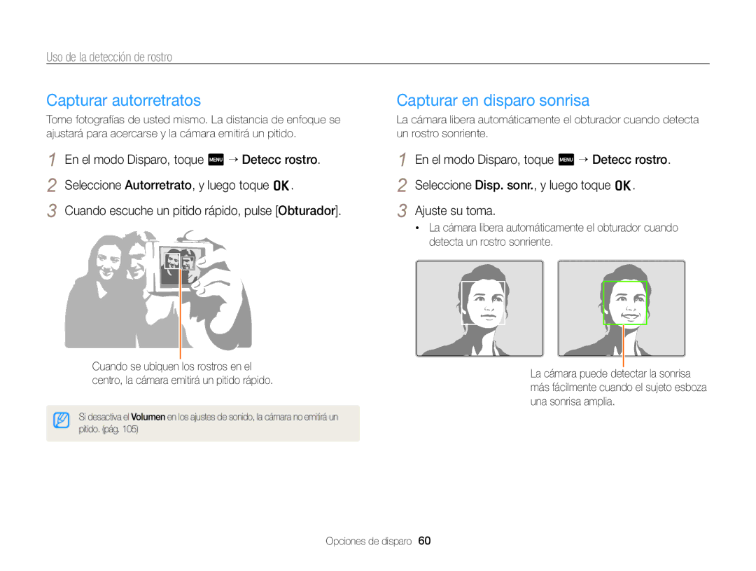 Samsung EC-WB210ZBPBE1 Capturar autorretratos, Capturar en disparo sonrisa, Uso de la detección de rostro, Ajuste su toma 