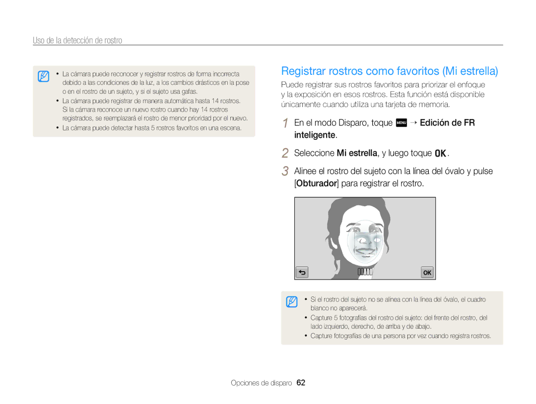 Samsung EC-WB210ZBPBE1, EC-WB210ZBPRE1 manual Registrar rostros como favoritos Mi estrella 