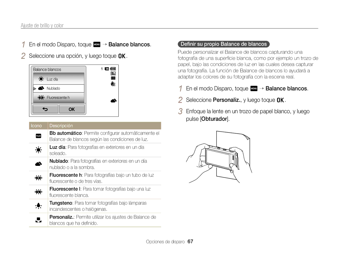 Samsung EC-WB210ZBPRE1, EC-WB210ZBPBE1 manual Deﬁnir su propio Balance de blancos 