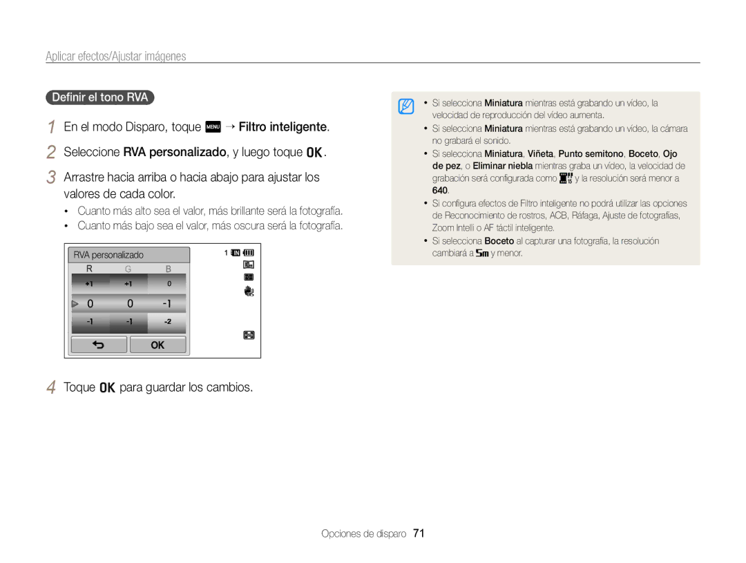 Samsung EC-WB210ZBPRE1, EC-WB210ZBPBE1 manual Toque o para guardar los cambios, Deﬁnir el tono RVA 