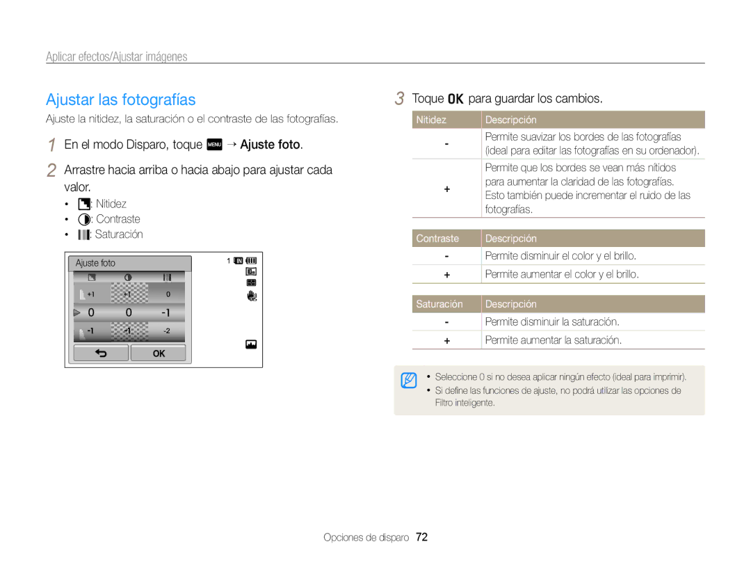 Samsung EC-WB210ZBPBE1 manual Ajustar las fotografías, Nitidez Descripción, Fotografías, Contraste Descripción, Saturación 