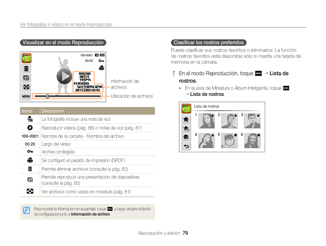 Samsung EC-WB210ZBPRE1 manual En el modo Reproducción, toque m “ Lista de Rostros, Visualizar en el modo Reproducción 