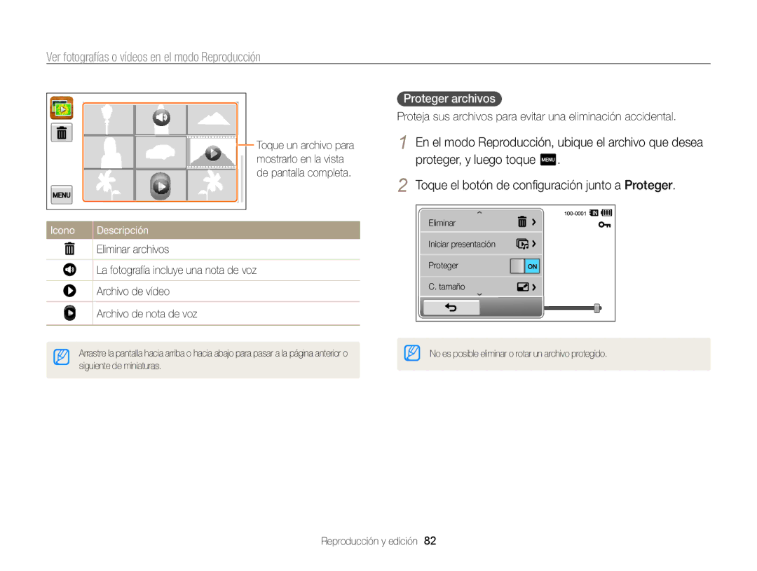 Samsung EC-WB210ZBPBE1, EC-WB210ZBPRE1 manual Proteger archivos, Eliminar archivos, Archivo de vídeo, Archivo de nota de voz 