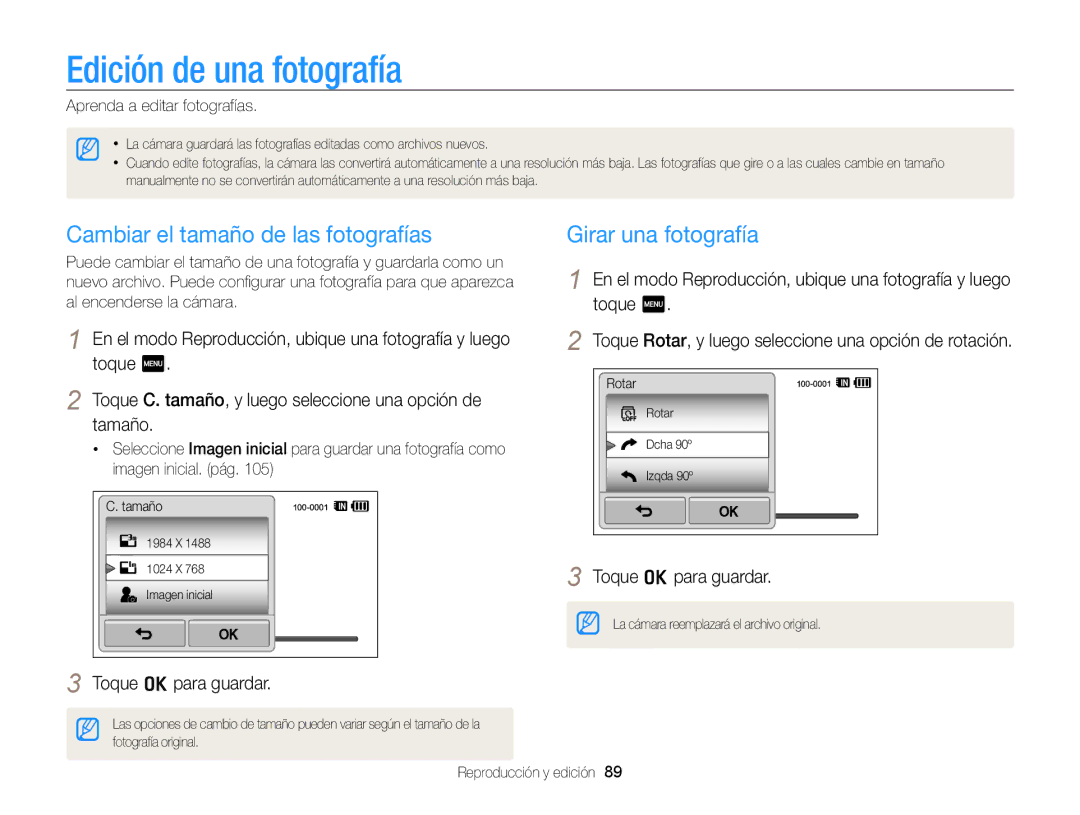 Samsung EC-WB210ZBPRE1 manual Edición de una fotografía, Cambiar el tamaño de las fotografías, Girar una fotografía 