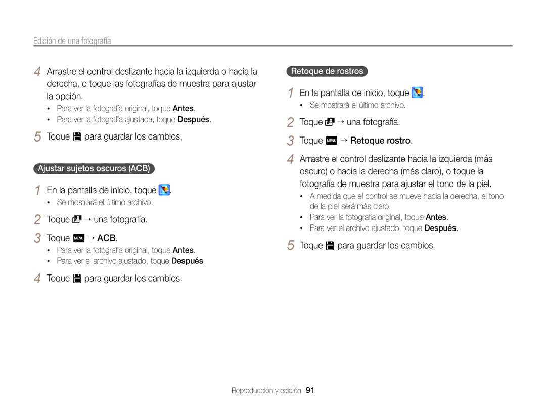 Samsung EC-WB210ZBPRE1 manual Toque “ una fotografía Toque m “ ACB, Toque “ una fotografía Toque m “ Retoque rostro 